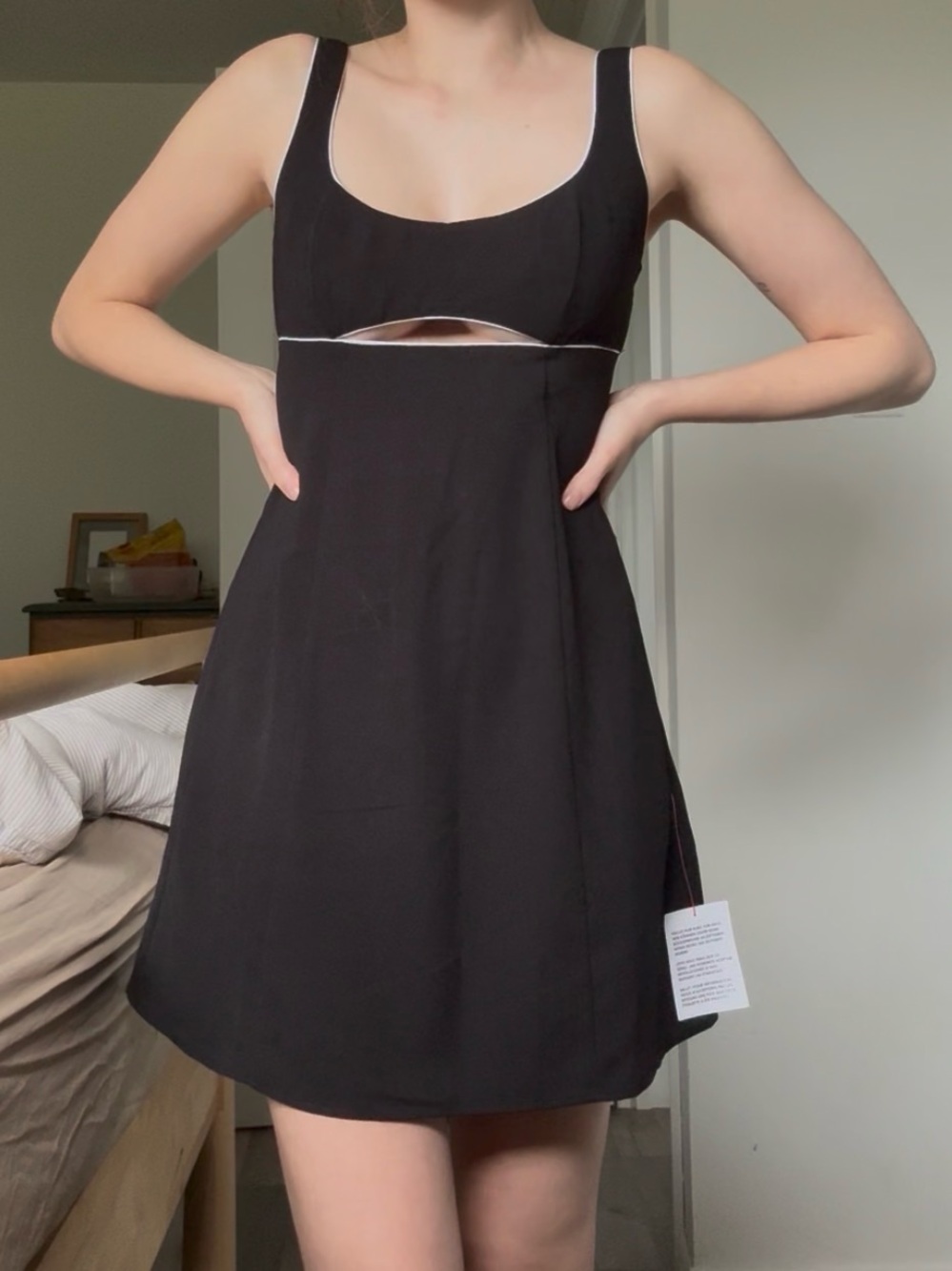 ASOS Black Mini Dress with White Piping and Front Cutout